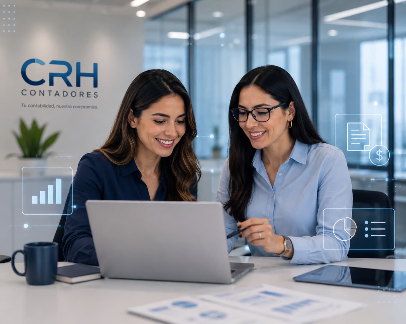 Equipo de contadoras de CRH trabajando con tecnología e inteligencia artificial